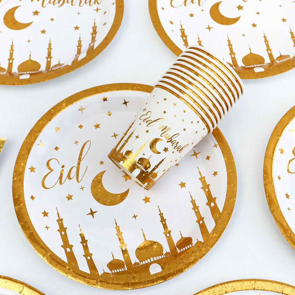 Gold Eid Mubarak Disposable Tableware Star Moon Gilded