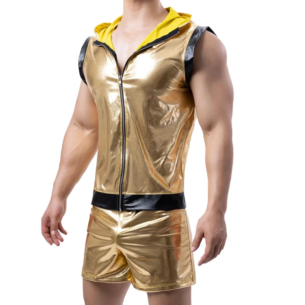 Mens Gold Shiny Tight Leather Tank Tops Boxer