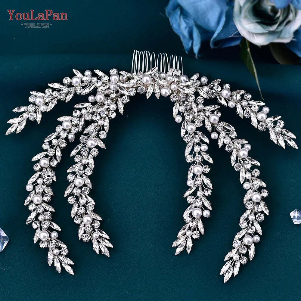 YouLaPan Rhinestone Pearl Headpiece with Comb Bridal Headwear