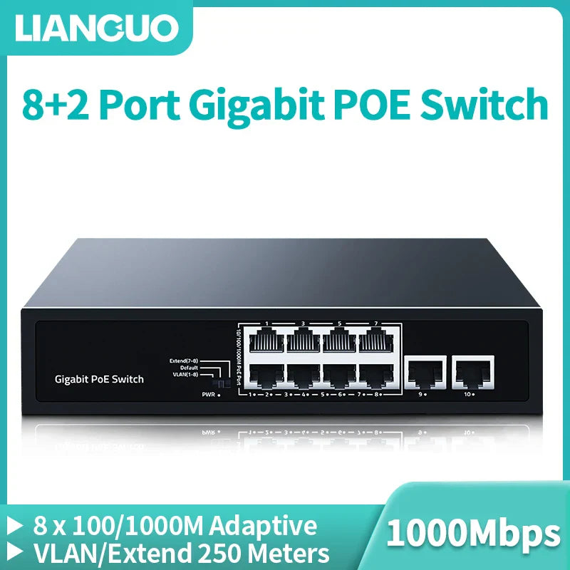 LIANGUO 8 Port Gigabit POE Switch 2 Port