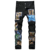 Men Camouflage Patches Stretch Denim Jeans Punk Black