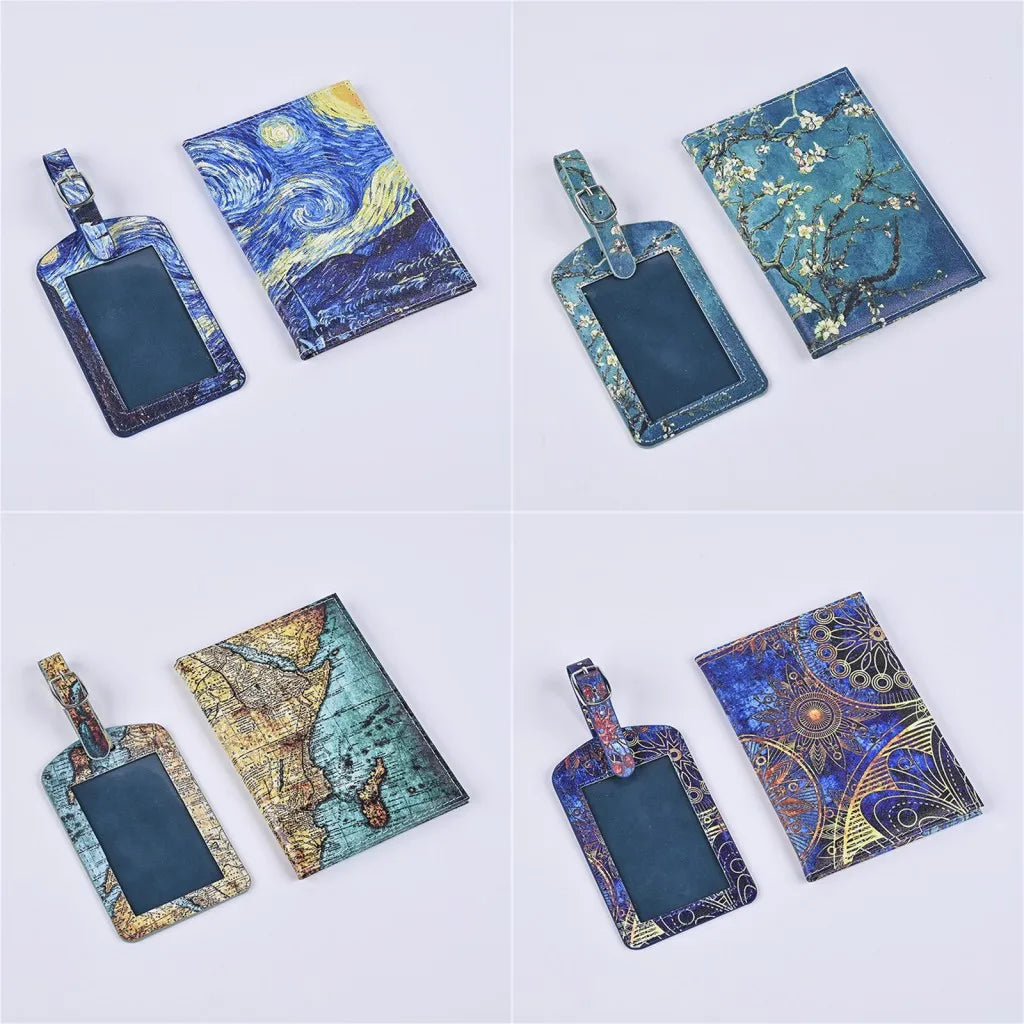 2pcset Printed PU Leather Passport Cover Luggage Tag