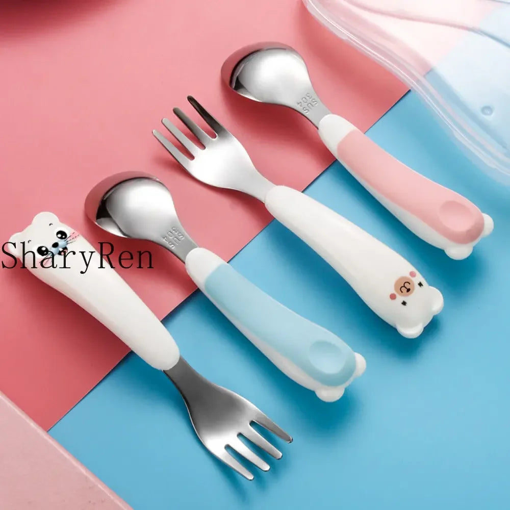 Baby Children Spoon Fork Set Cartoon Bear Stainless