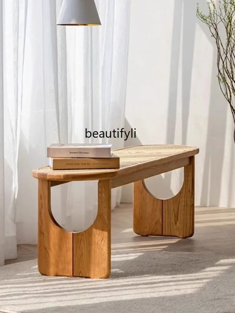 Nordic Solid Wood Rattan Shoes Changing Bench Log
