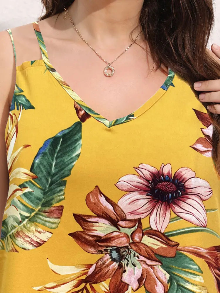 Polyester Plus Size Womens Curvy Print Sunflower Pleated