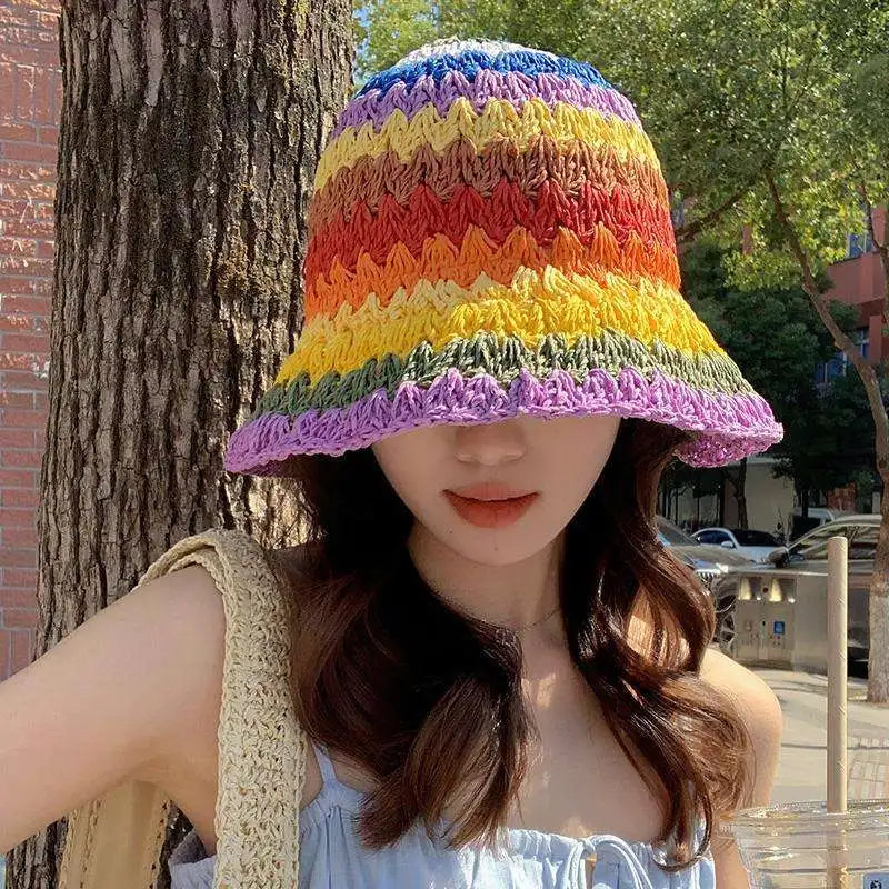 Spring Summer New Rainbow Woven Straw Hat Bucket