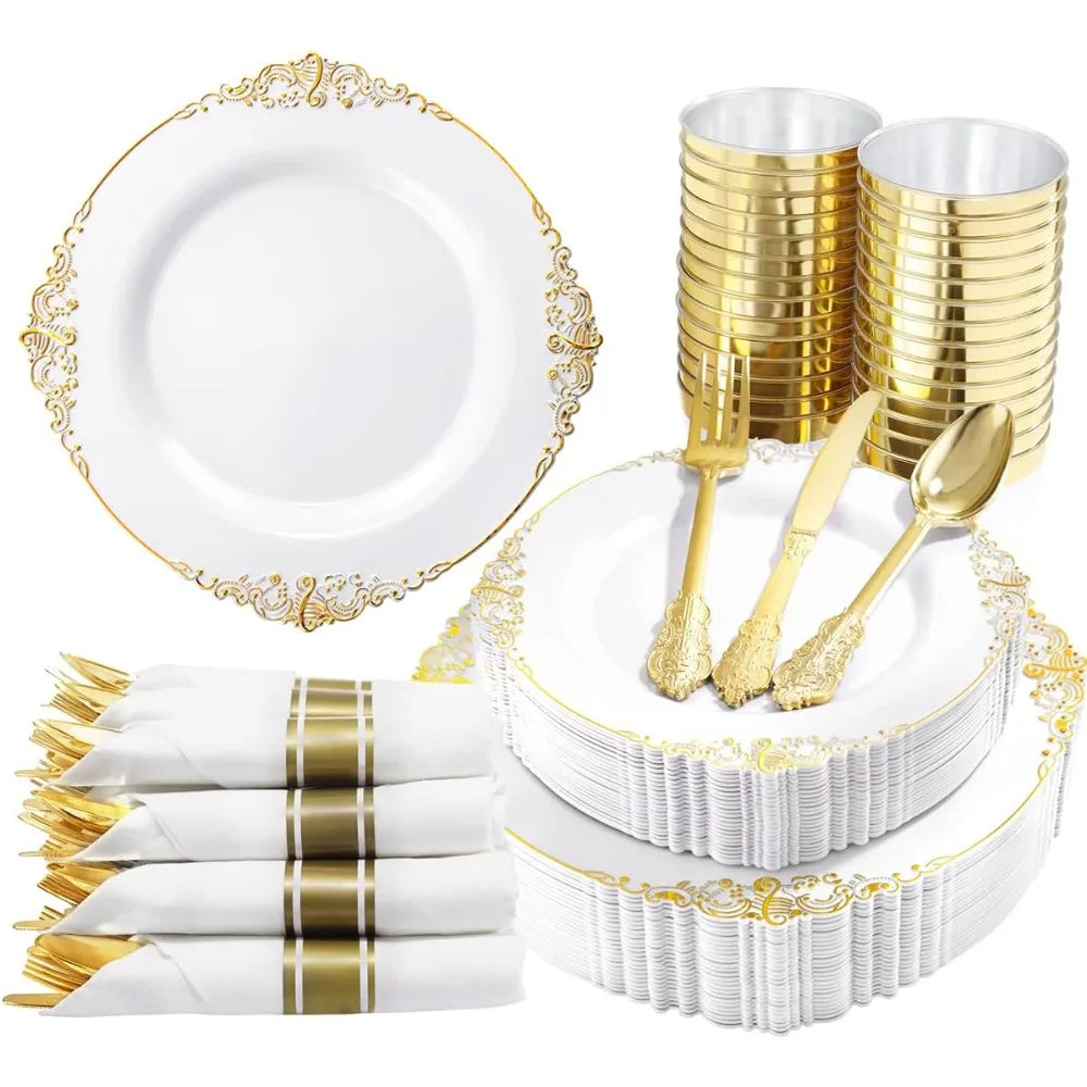 350PCS Gold Disposable Dinnerware Set for 50 Guests,