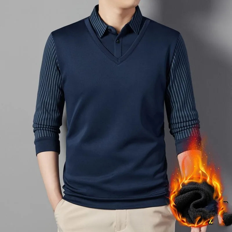 Mens Autumn Winter Pullover Turndown Collar Striped Patchwork