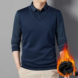Mens Autumn Winter Pullover Turndown Collar Striped Patchwork