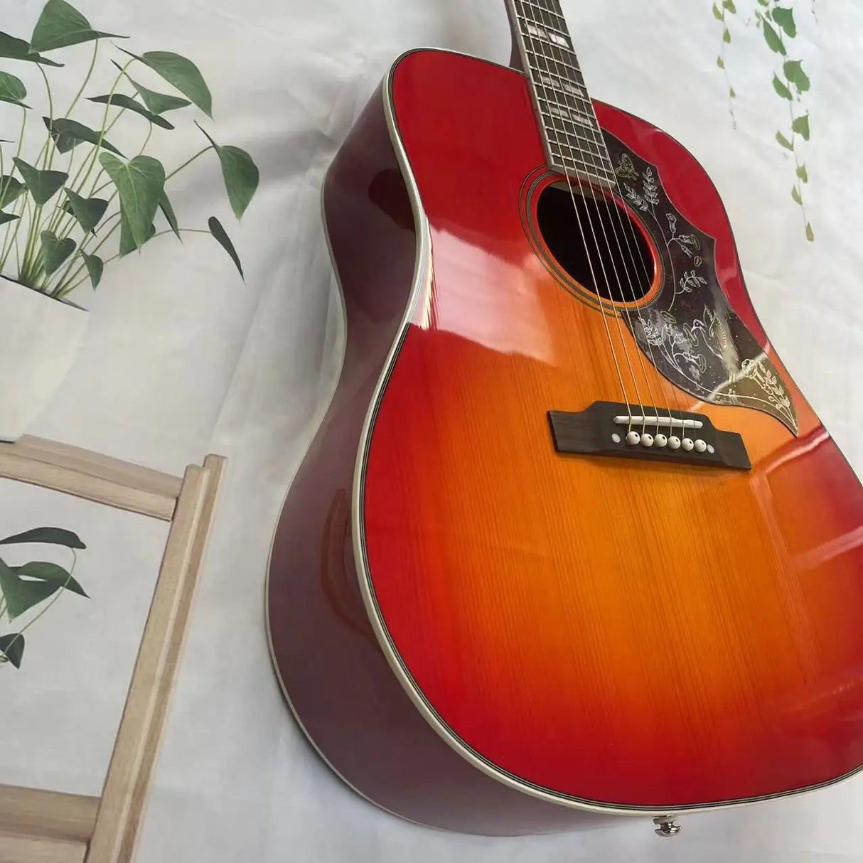 One piece connected wooden guitar, tomato color, real