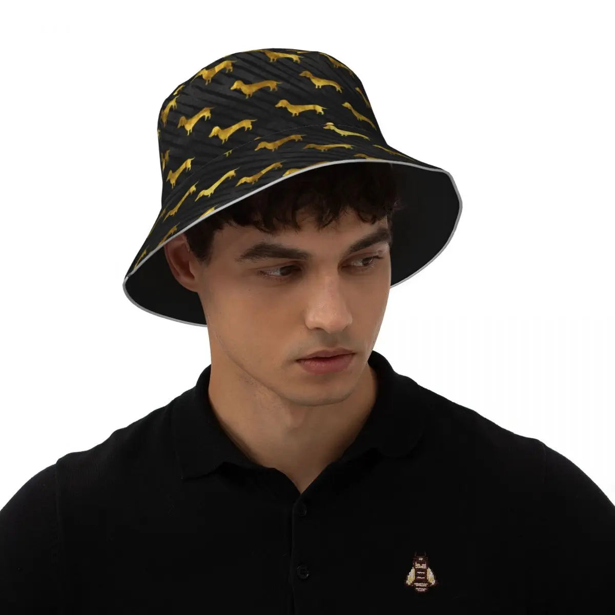 Dachshund Bucket Hat Black and Gold Dog Hawaii