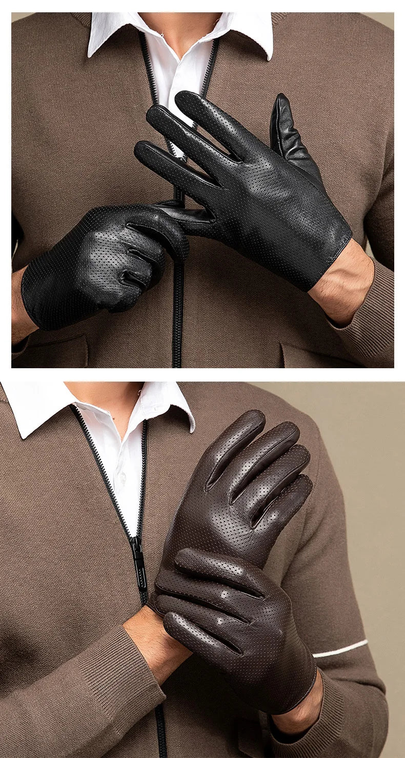 2Pcs Men's Genuine Leather Driving Gloves