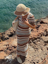 Knitted Stripped U-Neck Short Sleeve Dresses Female Crochet