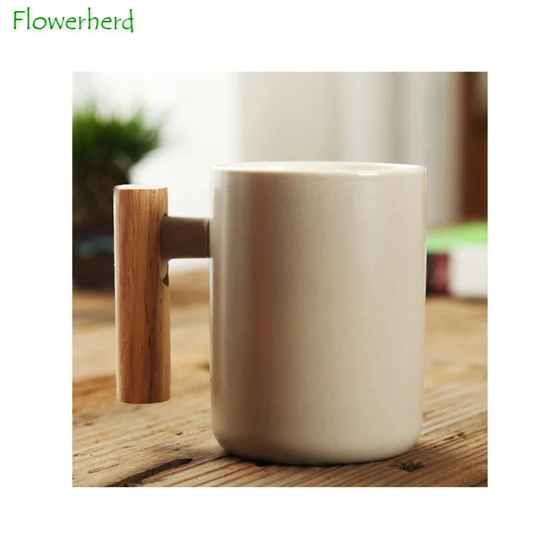 Nordic Wooden Handle Ceramic Porcelain Mug Coffee Cups