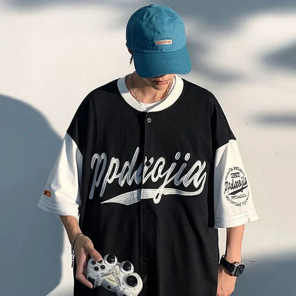 Street Hiphop Color Contrast Stitching Baseball Shirt Cardigan