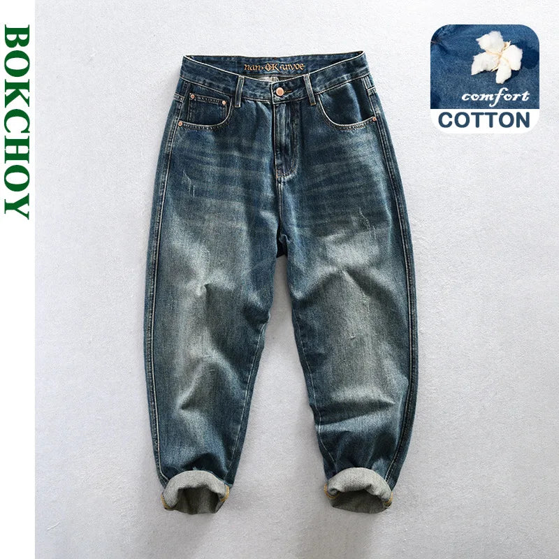 Spring Autumn New Cotton Retro Tapered Jeans Men