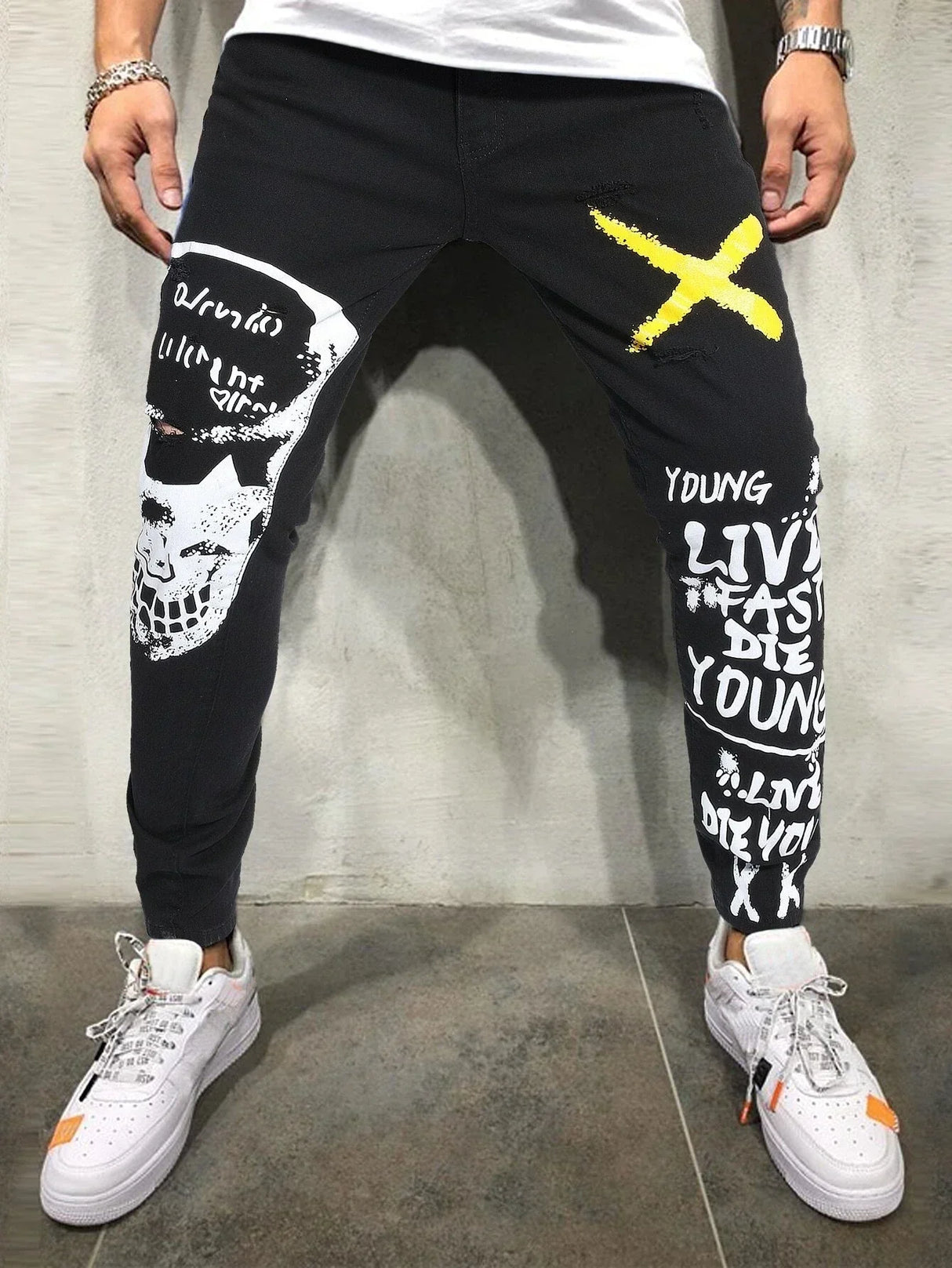 Men's Print Ripped Stretch Denim Black Skinny Jeans