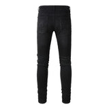 Men Pleated Patch Biker Jeans Streetwear Skinny Tapered