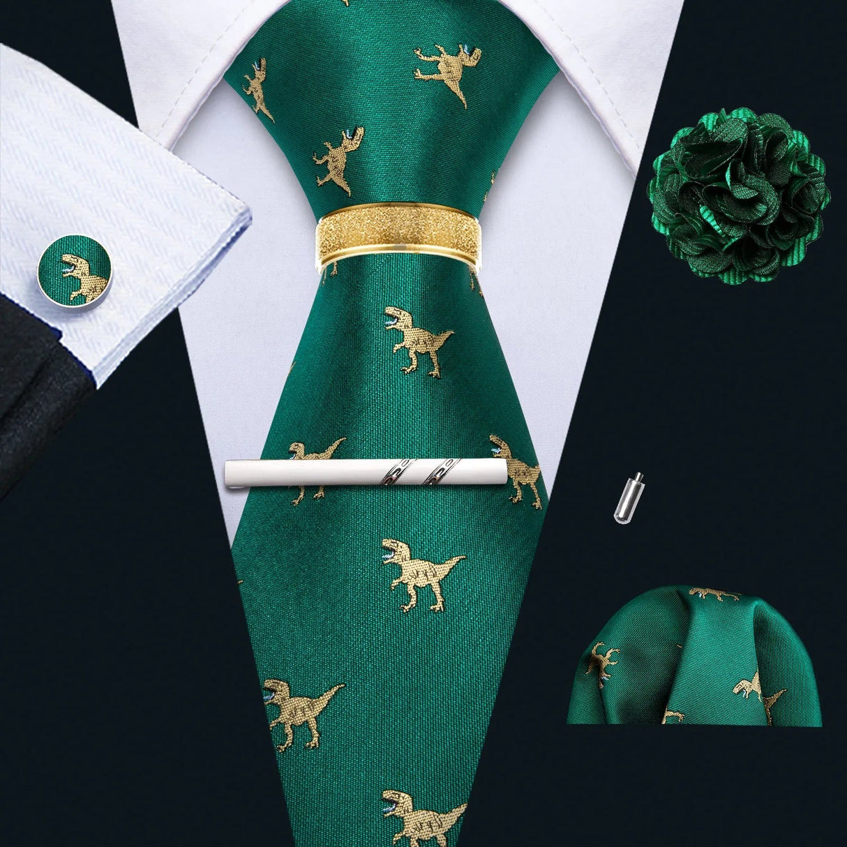 Barry.Wang Silk Mens Tie Hanky Cufflinks Clip Brooch