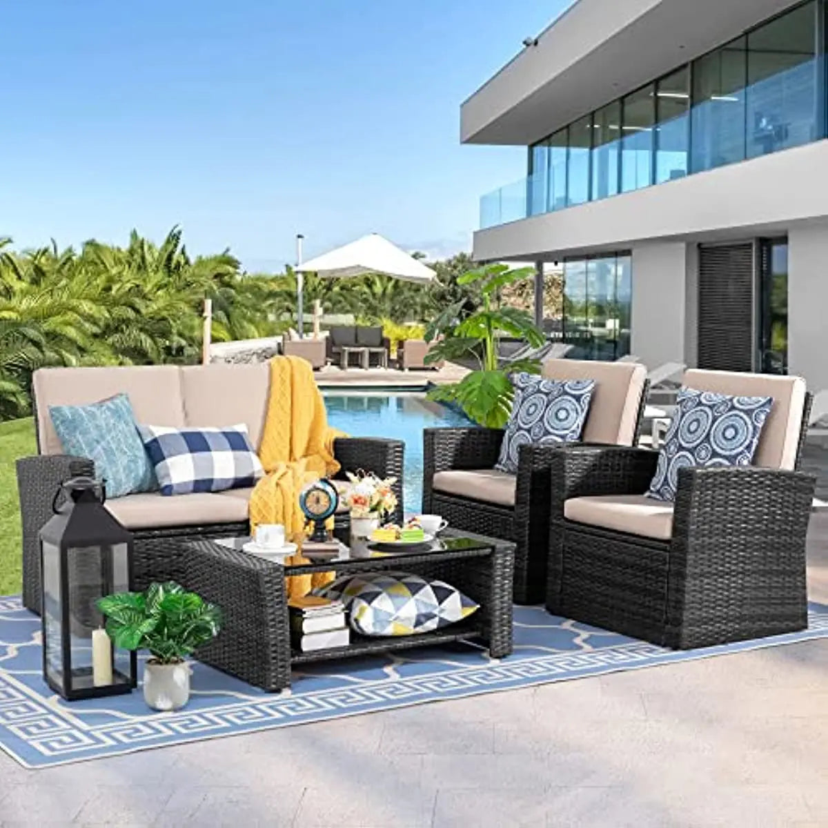 Shintenchi 4-Piece Outdoor Patio Furniture Set, Wicker Rattan