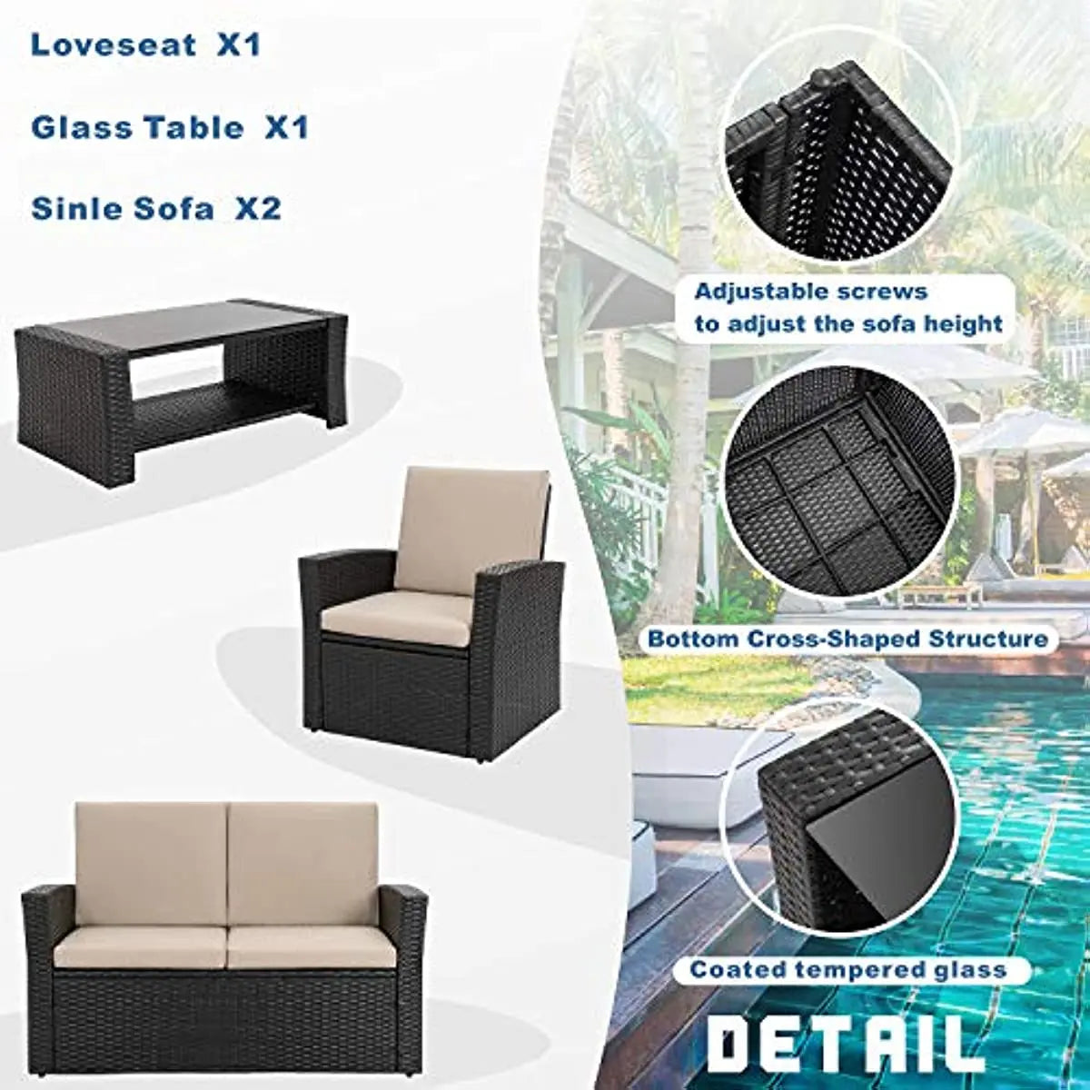 Shintenchi 4-Piece Outdoor Patio Furniture Set, Wicker Rattan