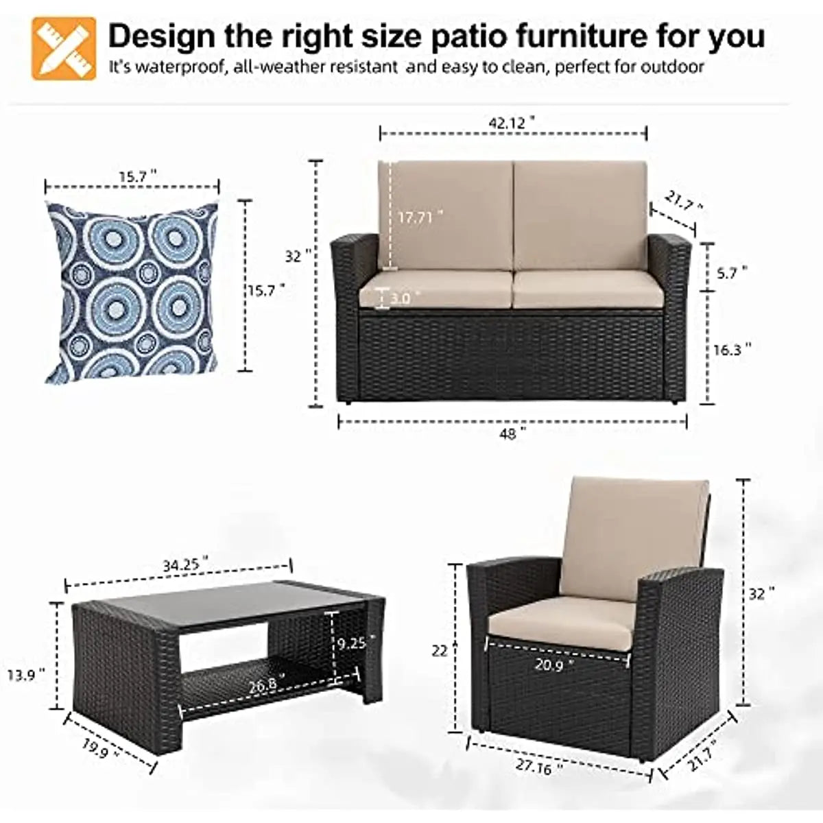 Shintenchi 4-Piece Outdoor Patio Furniture Set, Wicker Rattan