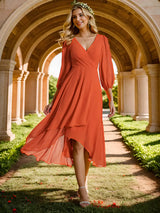 Simple Evening Dresses V-neck Long Sleeves Pleated Ruffles