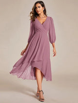 Simple Evening Dresses V-neck Long Sleeves Pleated Ruffles