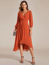 Simple Evening Dresses V-neck Long Sleeves Pleated Ruffles