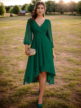 Simple Evening Dresses V-neck Long Sleeves Pleated Ruffles