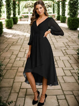 Simple Evening Dresses V-neck Long Sleeves Pleated Ruffles
