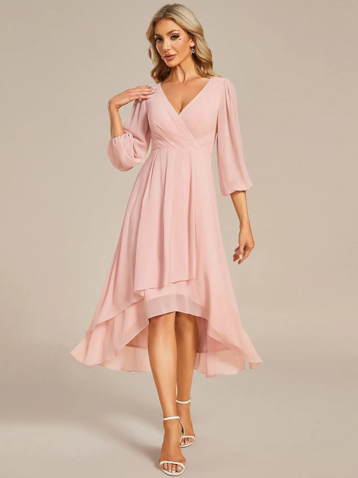 Simple Evening Dresses V-neck Long Sleeves Pleated Ruffles