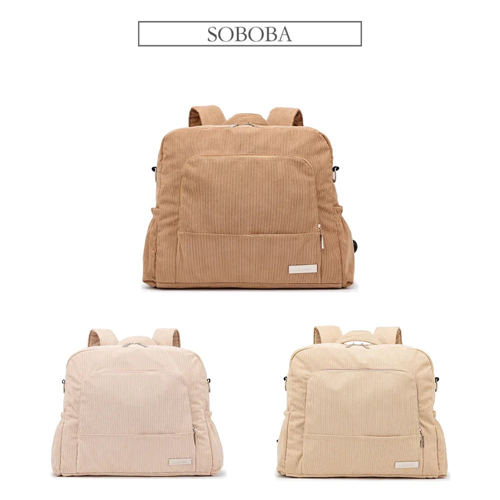 Soboba Corduroy Diaper Backpack for Mom Large Capacity