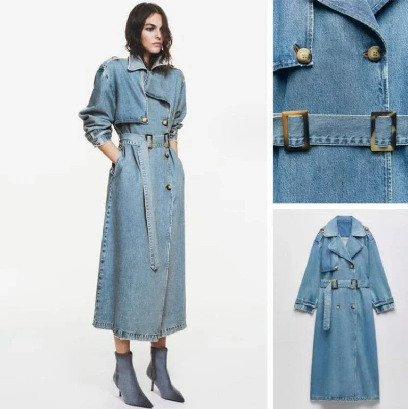 Spring and Autumn X-Long Denim Trench Coats For