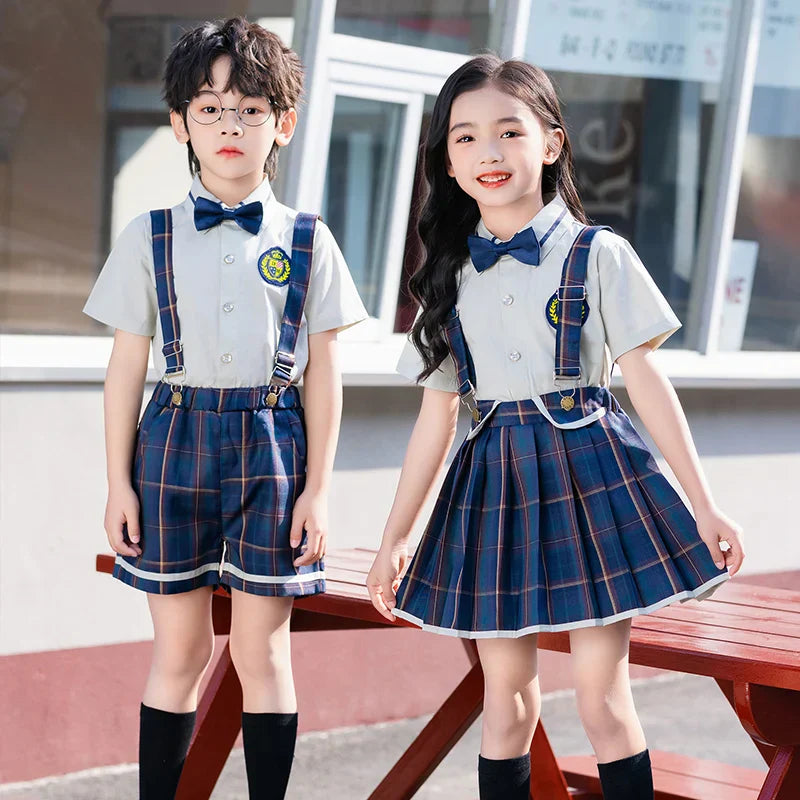 Summer Kindergarten Uniform Boys Girls Pleated Supender With