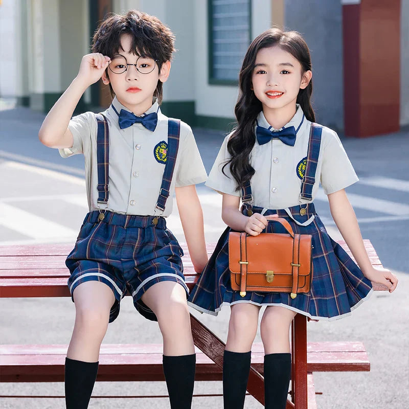 Summer Kindergarten Uniform Boys Girls Pleated Supender With