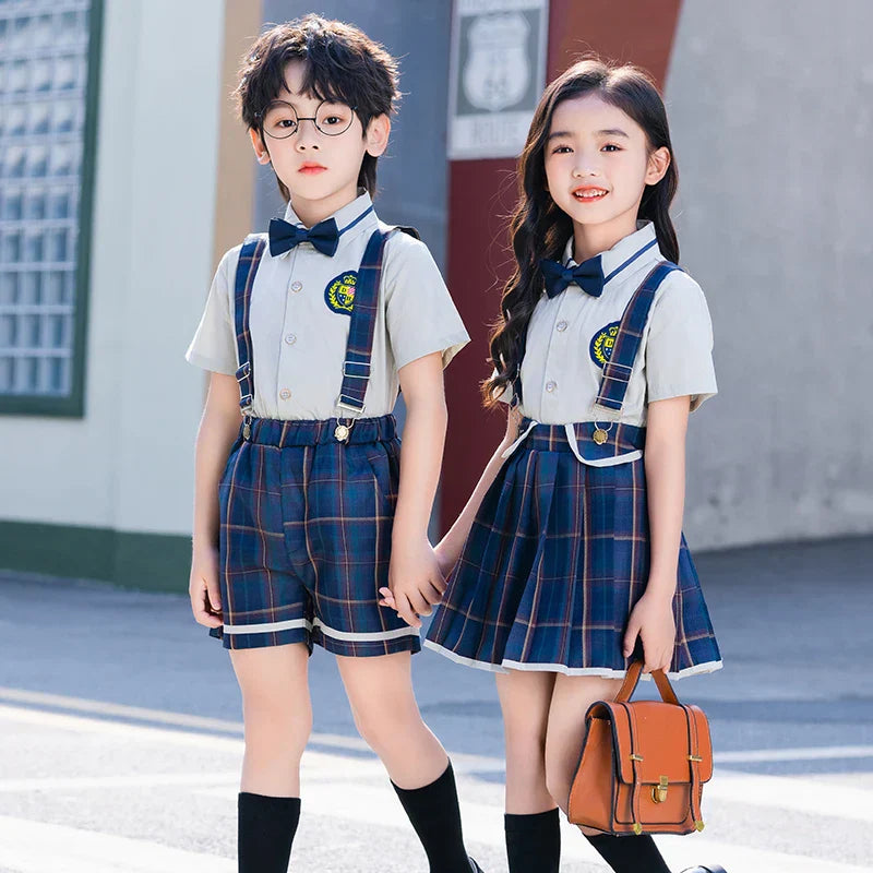 Summer Kindergarten Uniform Boys Girls Pleated Supender With