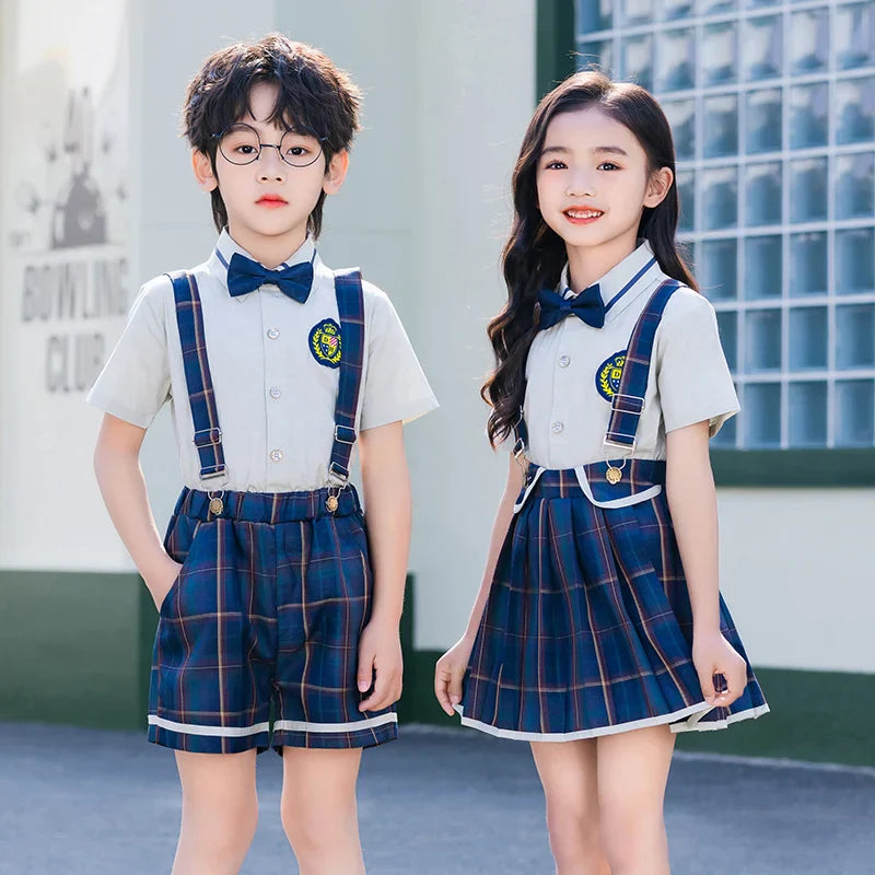 Summer Kindergarten Uniform Boys Girls Pleated Supender With