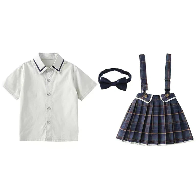 Summer Kindergarten Uniform Boys Girls Pleated Supender With