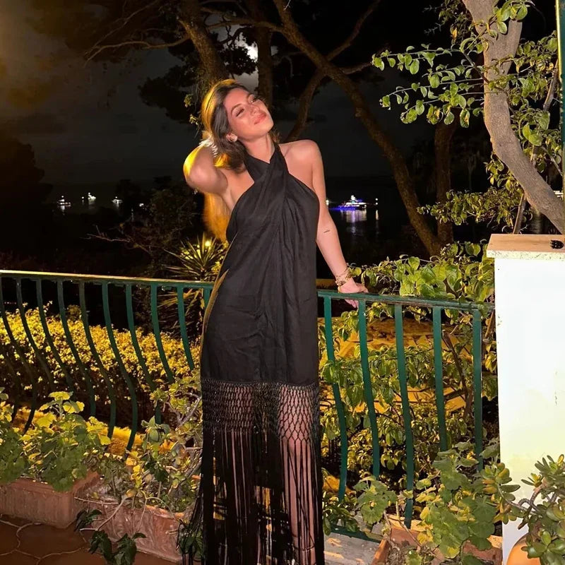 TRAF Fringing Halter Dresses for Women 2023 Black