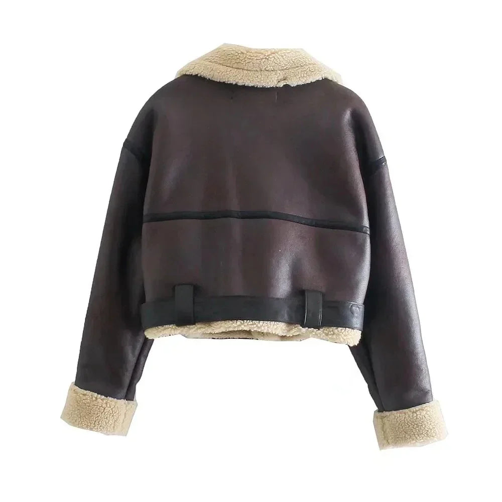 TRAF Winter Women Streetwear Faux Lamb Leather Fur