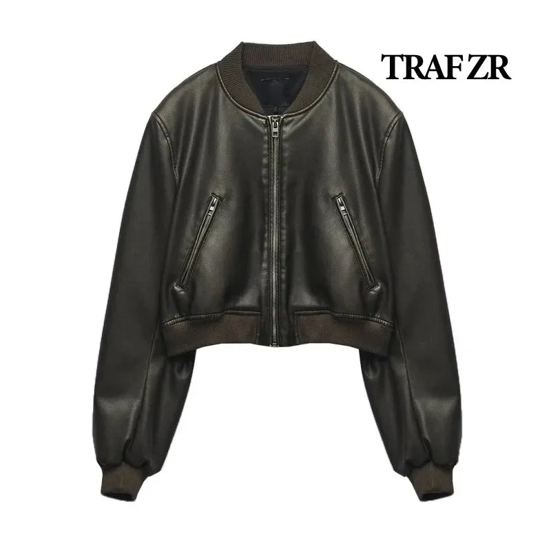 TRAF ZR Woman Faux Fur Coat Zipper Leather