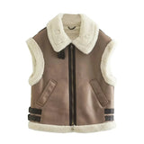 TRAFZA Winter Fur Vest Women Faux Sheepskin Fur