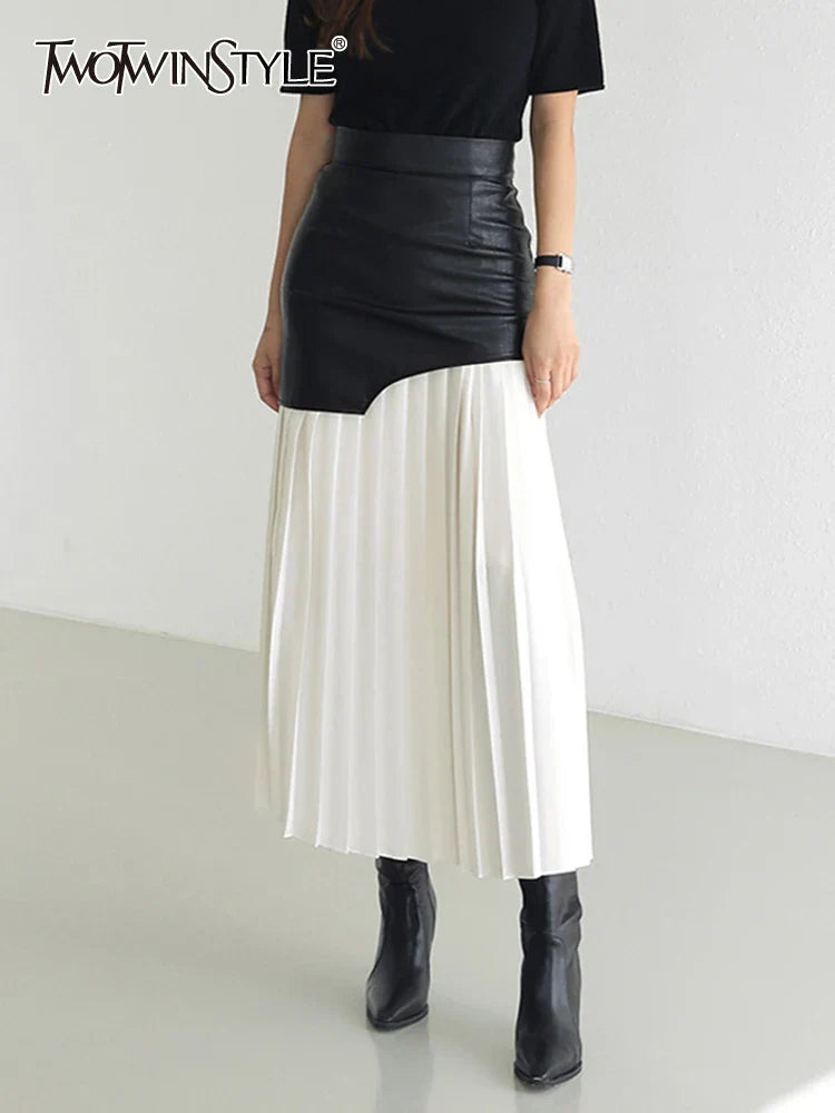 TWOTWINSTYLE Casual Patchwork Pu Skirt For Women High
