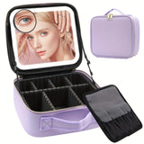 Travel Makeup Bag with Mirror of LED Lighted, Makeup Train Case with Adjustable Dividers, Detachable 10x Magnifying Mirror