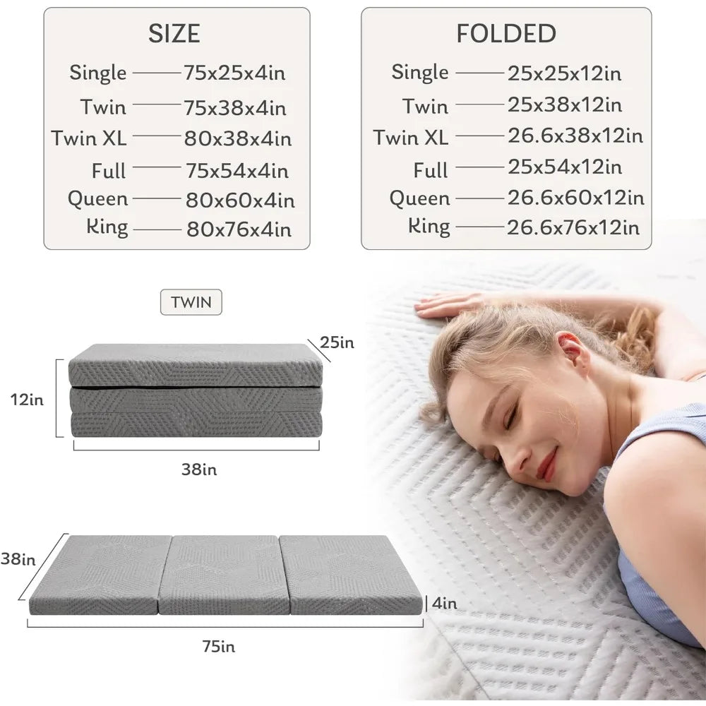 Tri-Fold Memory Foam Mattress, 4 inch Single Folding