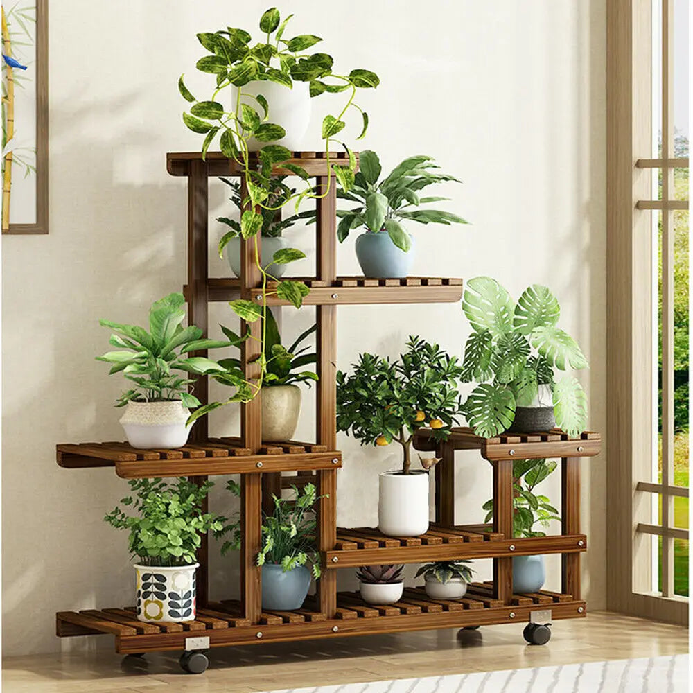 UNHO Wooden Plant Stand with Wheels Multi-Layer Rolling