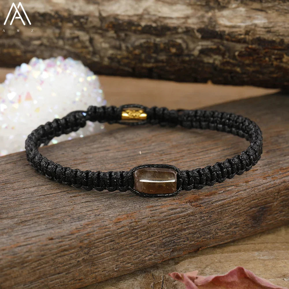 Natural Black Tourmaline Single Beads Woven Adjustable Bracelet