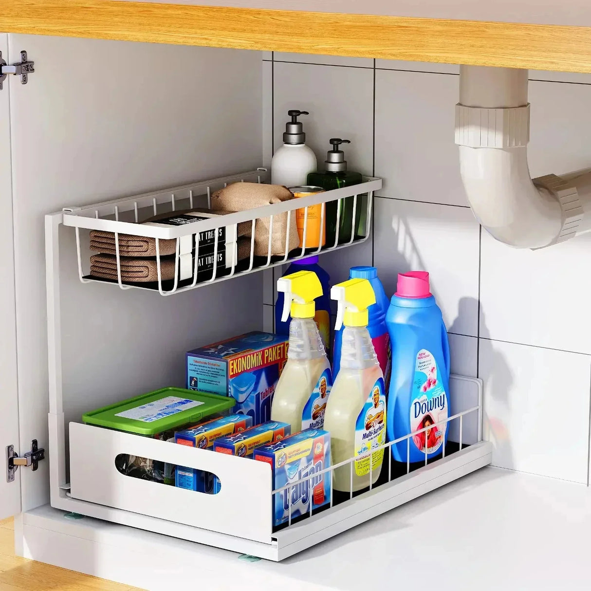 Under Sink 2 Tier Sliding Cabinet Basket Organizer