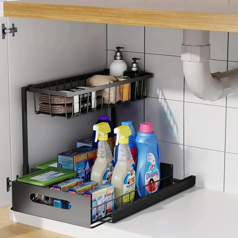 Under Sink 2 Tier Sliding Cabinet Basket Organizer